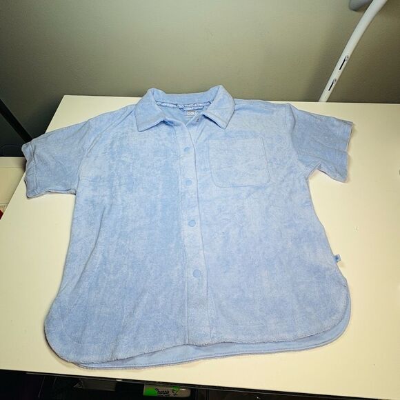 NWOT Athleta Girl Size 12 Blue Button Down Terry Cloth Short Sleeve Beach Pool - Picture 1 of 4